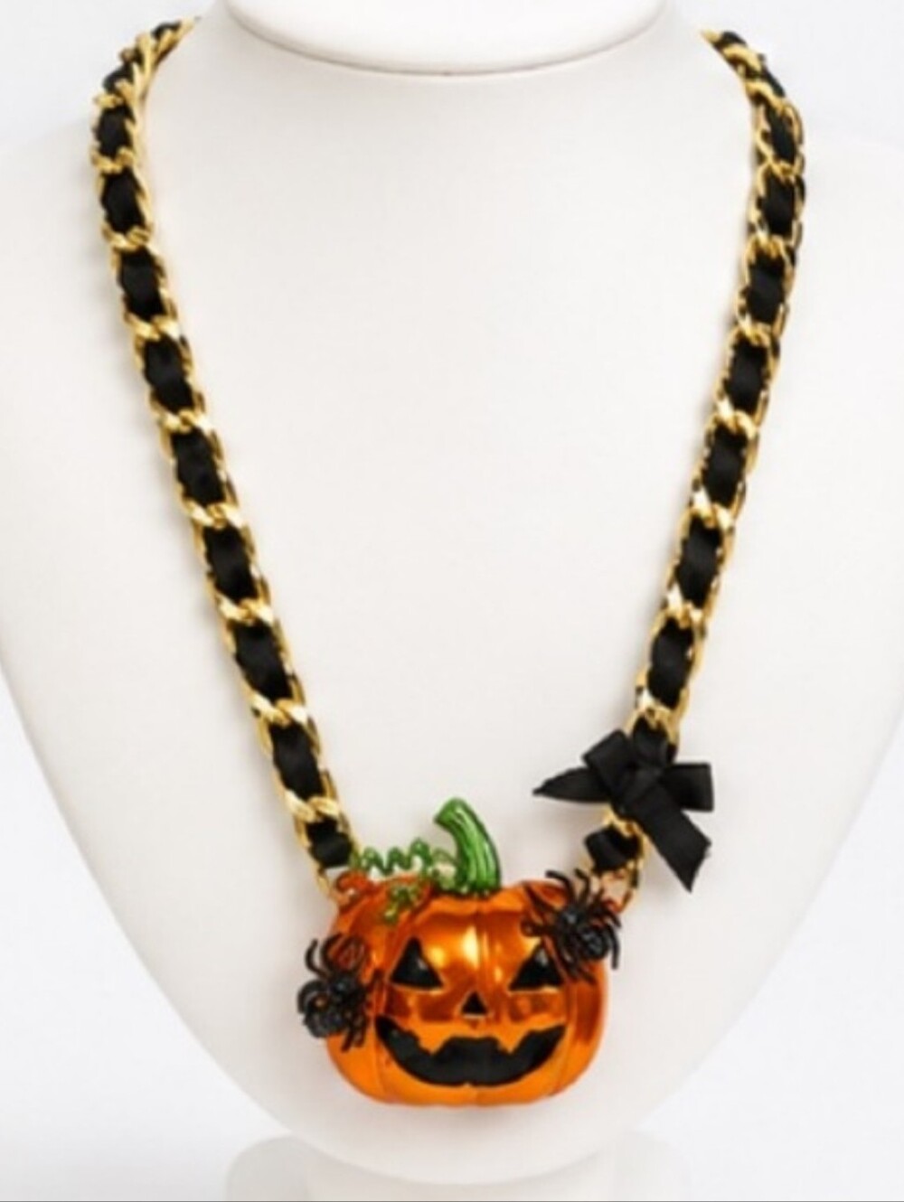 Betsey Johnson Jack O Lantern Pumpkin Pendant Necklace with Black Spider Accents